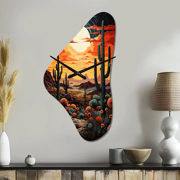 Orange Yellow Cactus Desert Sunset Saguaro - Asymmetric Metal Wall Clock
